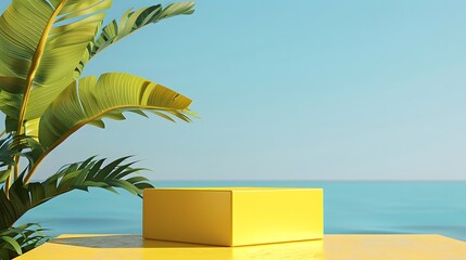 Blank yellow display on vivid summer background with minimal style. Blank stand for showing product. 3D rendering. 