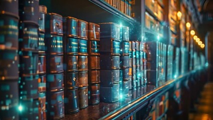 Poster - A bookshelf filled with traditional, leather-bound books is seen, with blue holographic displays emerging from the books, creating a virtual classroom setting.