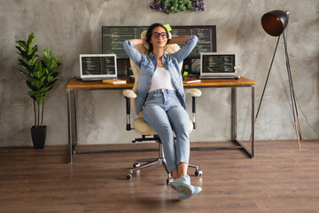 Poster - Photo of adorable lovely confident girl wear trendy denim shirt sit armchair done work enjoy rest workspace indoors