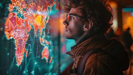 Poster - A student examines a holographic world map with glowing continents in a geography class.