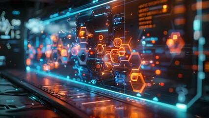 Poster - A futuristic, holographic chemistry lab with virtual experiments displayed on a large screen.