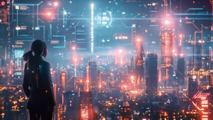 Poster - A woman stands silhouetted against a futuristic cityscape, gazing at a holographic screen displaying interactive charts and data, suggesting a virtual economics class.