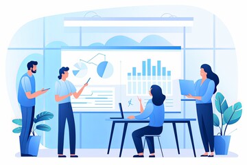 clean vector illustration of a team presenting