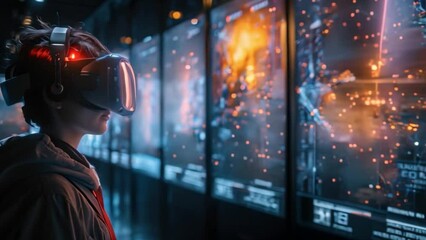 Poster - A person wearing virtual reality goggles stands in front of a display showing a holographic network.