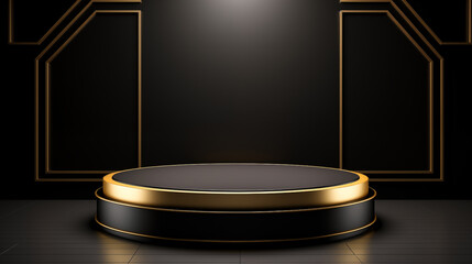 3D rendering of a black and gold stage display or podium for displaying products