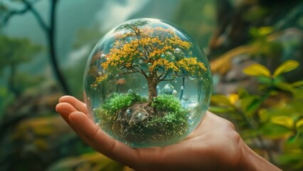 Poster - A hand holds a holographic globe with a small tree and foliage inside.