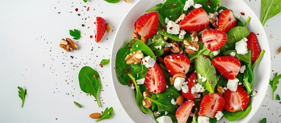 Wall Mural - Summery Strawberry Salad with Spinach, Nuts, and Feta Cheese on a White Background: Promoting a Healthy Food Concept in a Flat Lay Style from Above.