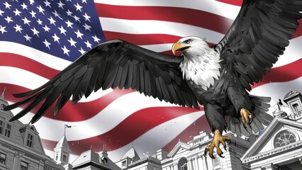 Wall Mural - American Independence Day flag patriotic background with eagle in monochrome