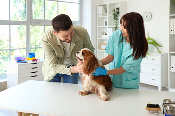 Sticker - Female Asian veterinarian with cute dog and owner in clinic