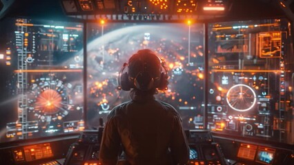Poster - A pilot in a futuristic cockpit trains in a holographic simulation, using advanced technology to enhance their skills.