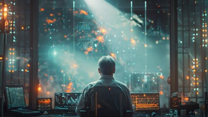 Poster - A man sits facing a large window, looking out at a holographic display that seems to be showing a financial consultation.