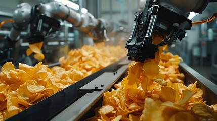 Wall Mural - A robotic arm precisely placing potato chips into individual bags on a conveyor belt