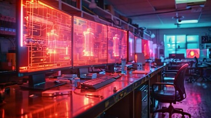 Poster - A school lab with several computers displaying holographic science experiments.