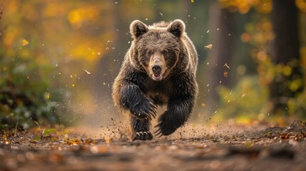 powerful bear running in a forest fall setting, kicking up dirt and capturing the essence of wildlif
