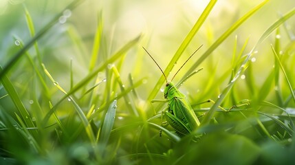 Poster - Green grasshopper in the grass Insect in nature : Generative AI