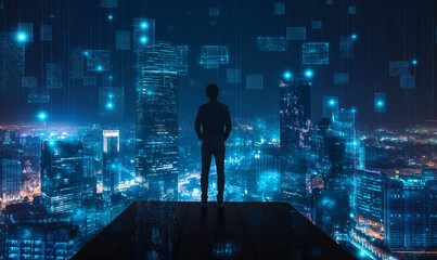 Wall Mural - 
A businessman stands on the roof of an office building overlooking a digital cityscape with holographic images and data connections