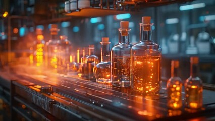 Poster - A row of glass beakers filled with glowing liquid sits on a futuristic laboratory table.