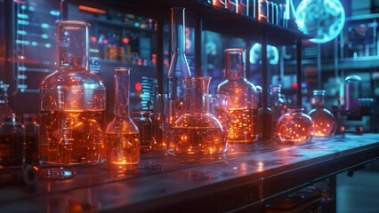 Poster - A futuristic chemistry lab filled with beakers and flasks glowing with an orange light, creating a mesmerizing display of virtual experiments.