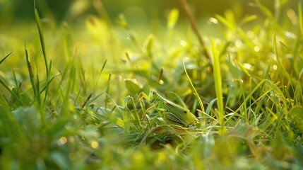 Poster - Green grasshopper in the grass Insect in nature : Generative AI