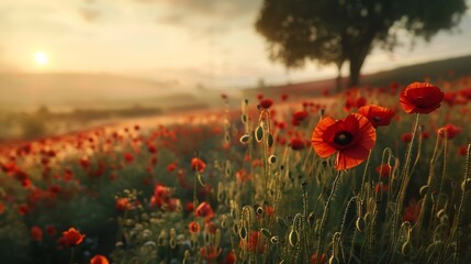 Wall Mural - Landscape of a wonderful Red poppies flower field Nature concept : Generative AI