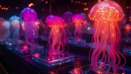 Poster - A row of holographic jellyfish models on display in a biology class, illuminated by vibrant blue and red lights.
