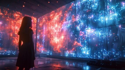 Poster - A woman stands in a darkened room before a wall of holographic stage sets, seemingly a part of a virtual drama class.