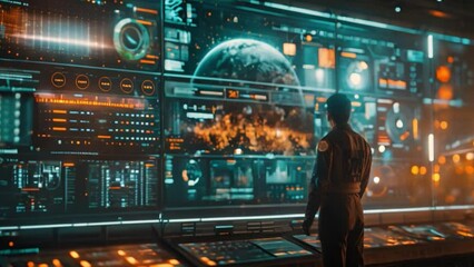 Poster - A futuristic economics classroom features a large holographic display showing a detailed view of Earth.