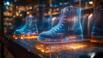 Poster - A holographic display of a boot, showcasing the latest technology in retail.