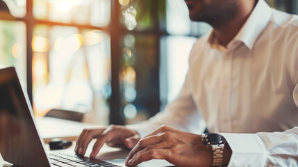 Poster - a male tech worker working on laptop in modern office