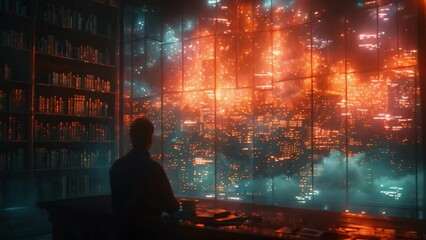 Poster - A student stands in a futuristic classroom, gazing out the window at a holographic projection of a city, suggesting an interactive and immersive learning experience.