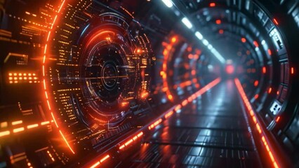 Poster - A futuristic tunnel with an orange and blue holographic interface.
