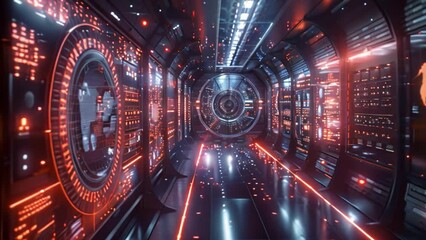 Poster - A futuristic interior with holographic displays, featuring glowing screens displaying data and information, creating a high-tech, advanced atmosphere.