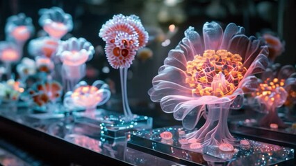 Poster - A close-up view of holographic 3D models of organisms displayed on a table in a biology classroom.