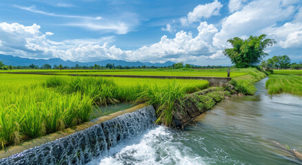 Wall Mural - water being harvesting from an artificial dam in the rice fields, which is located next to Thai paddy field and palm trees on both sides of river with blue sky and green grass background.