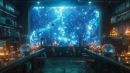 Poster - A futuristic chemistry lab with holographic experiments and a large window showcasing a view of space.