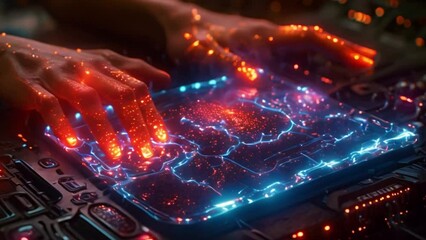 Poster - Close-up image of hands interacting with a futuristic holographic interface, glowing with vibrant blue and orange light.