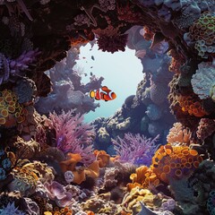 Canvas Print - A colorful coral reef with a clownfish swimming through it