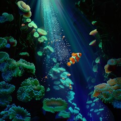 Poster - A colorful underwater scene with a clownfish swimming through the coral