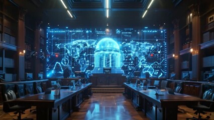 Poster - A futuristic courtroom setting featuring holographic projections and virtual reality technology, providing an immersive learning experience.