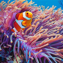 Sticker - A bright orange and white clownfish is swimming among the purple and pink coral