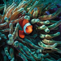 Wall Mural - A small orange fish is swimming in a sea of green anemones