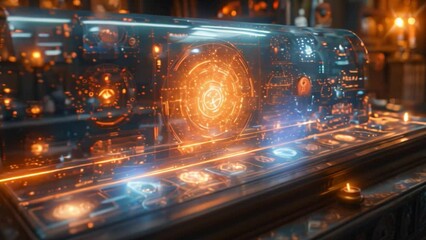 Poster - A futuristic holographic display with a glowing, interactive interface.