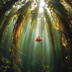 Canvas Print - A clownfish swims through a forest of seaweed