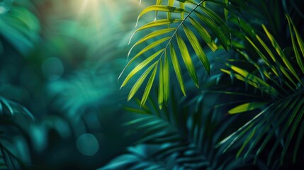 tropical palm leaf and shadow, abstract natural green. light and shadow on palm leaf, dark blue natu