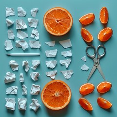 Wall Mural - A close up of an orange with a pair of scissors and a lighter nearby