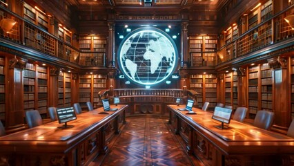 Poster - A virtual courtroom scene with holographic projections and a grand library backdrop.