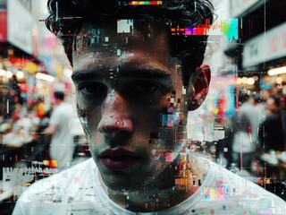 Young Man with Glitch Effect in a Busy City