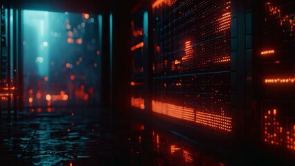 Wall Mural - A view inside a futuristic server room, with orange lights illuminating the walls and reflecting on the wet floor.
