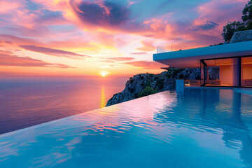 Wall Mural - A stunning view of the ocean from an infinity pool on top of a modern villa, with a sunset sky and vibrant colors in the style of a cinematic scene. 