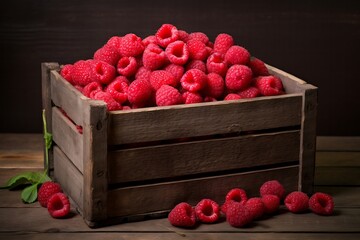Wall Mural - Fresh ripe Raspberrys in wooden crate